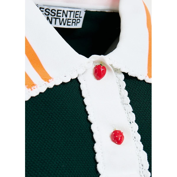 Essentiel Antwerp Dark green fine knit polo top with white and orange lace-trimmed collar and strawberry-shaped buttons, view 6