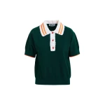 Essentiel Antwerp Dark green fine knit polo top with white and orange lace-trimmed collar and strawberry-shaped buttons