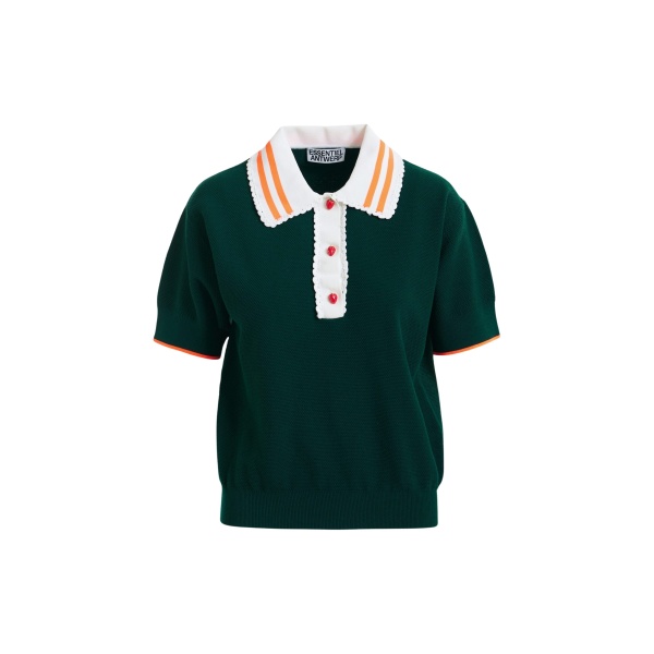 Dark green fine knit polo top with white and orange lace-trimmed collar and strawberry-shaped buttons