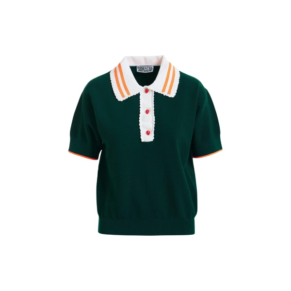 Essentiel Antwerp Dark green fine knit polo top with white and orange lace-trimmed collar and strawberry-shaped buttons