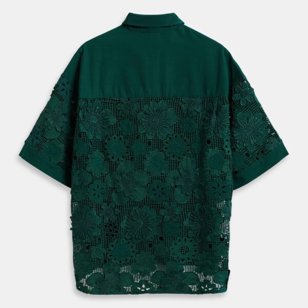 Essentiel Antwerp Dark green oversized cotton short-sleeve shirt with lace inserts, view 2