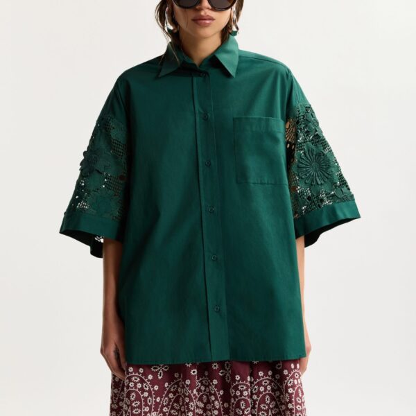 Essentiel Antwerp Dark green oversized cotton short-sleeve shirt with lace inserts, view 4