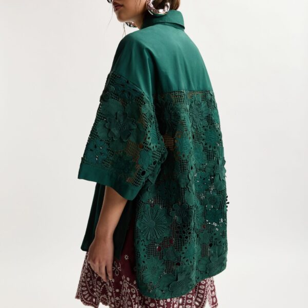 Essentiel Antwerp Dark green oversized cotton short-sleeve shirt with lace inserts, view 5