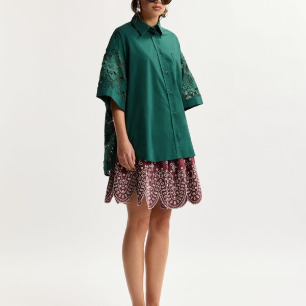 Essentiel Antwerp Dark green oversized cotton short-sleeve shirt with lace inserts, view 6