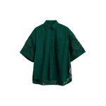 Essentiel Antwerp Dark green oversized cotton short-sleeve shirt with lace inserts