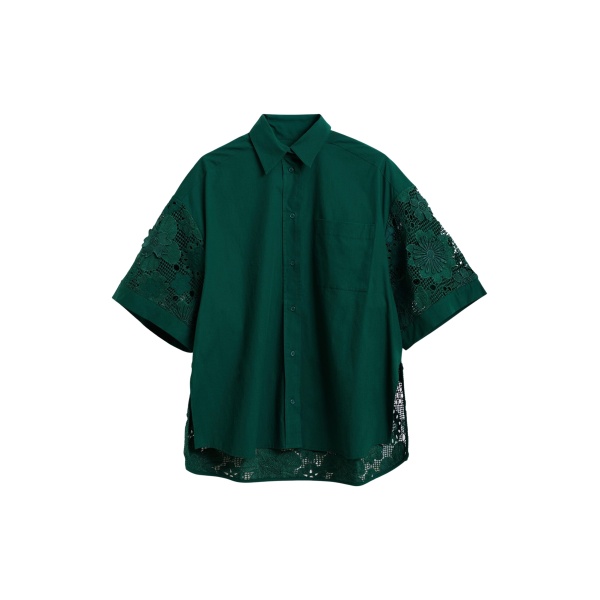 Dark green oversized cotton short-sleeve shirt with lace inserts