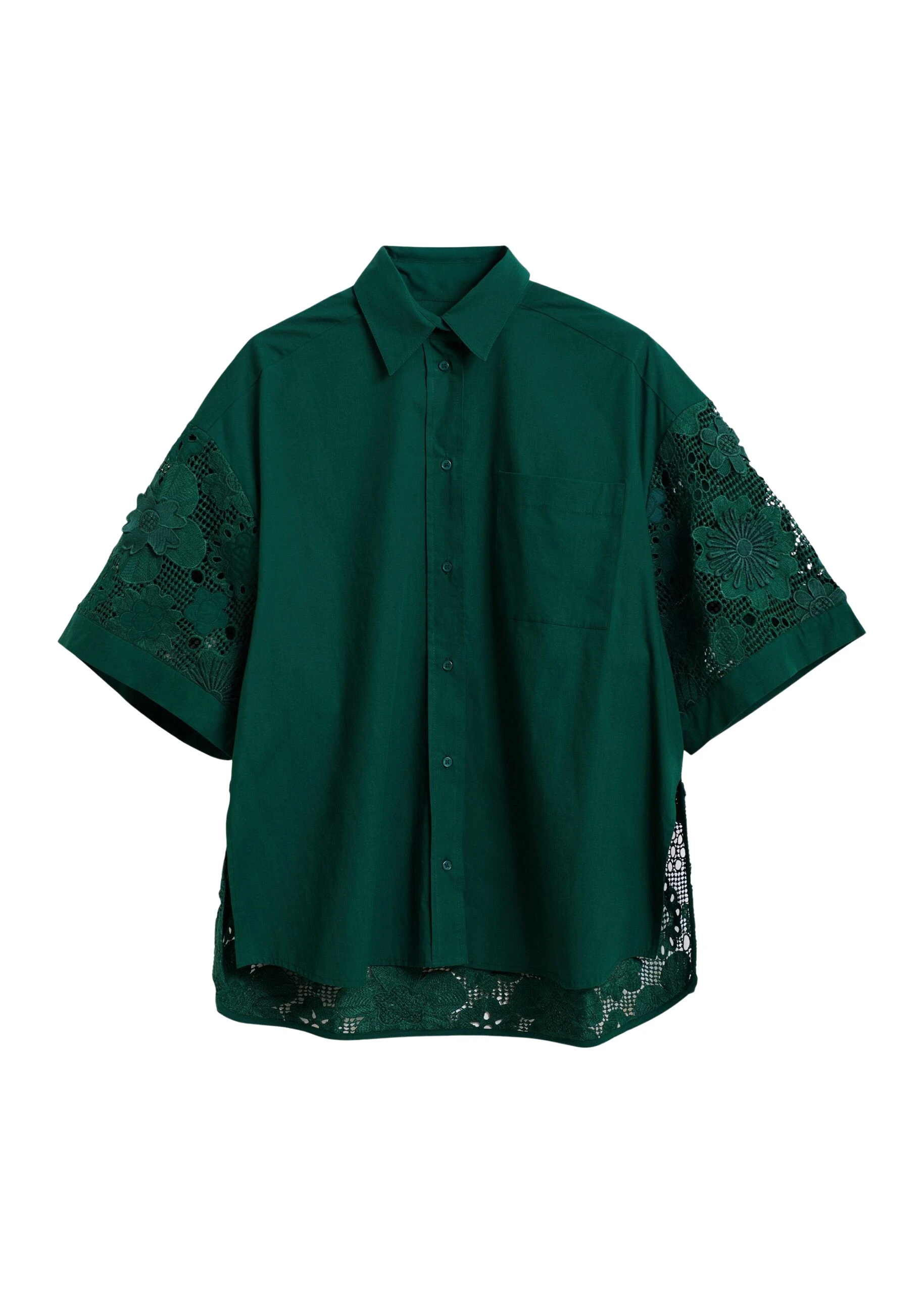 Essentiel Antwerp Dark green oversized cotton short-sleeve shirt with lace inserts