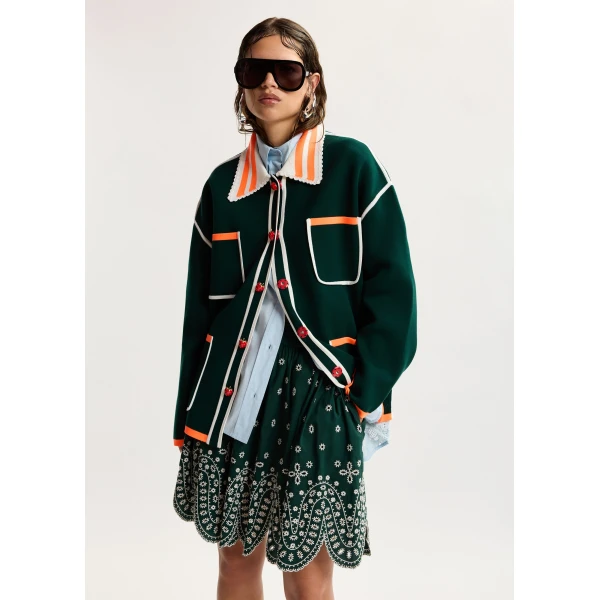 Essentiel Antwerp Dark green, white and orange fine knit cardigan with lace-trimmed collar and strawberry-shaped buttons, view 2