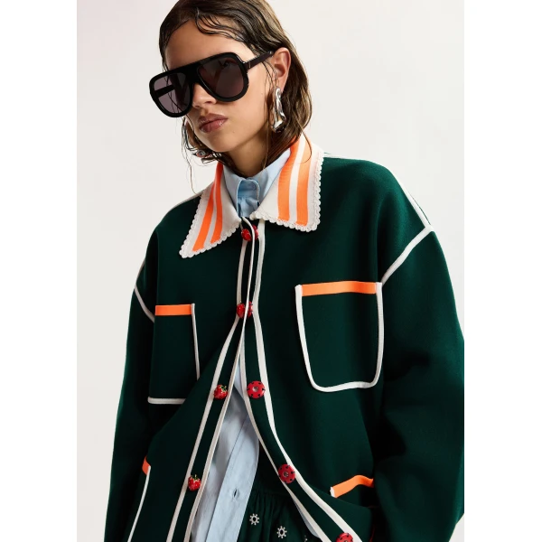 Essentiel Antwerp Dark green, white and orange fine knit cardigan with lace-trimmed collar and strawberry-shaped buttons, view 3