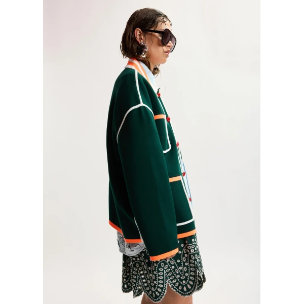 Essentiel Antwerp Dark green, white and orange fine knit cardigan with lace-trimmed collar and strawberry-shaped buttons, view 4