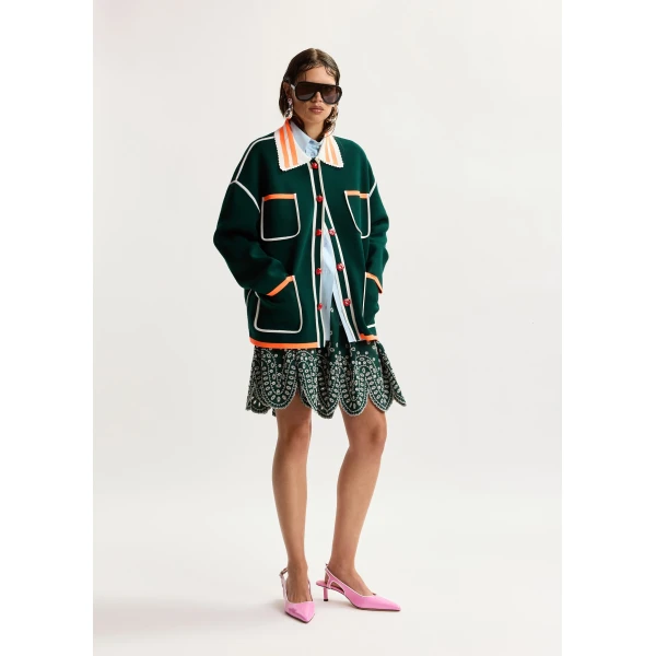 Essentiel Antwerp Dark green, white and orange fine knit cardigan with lace-trimmed collar and strawberry-shaped buttons, view 5