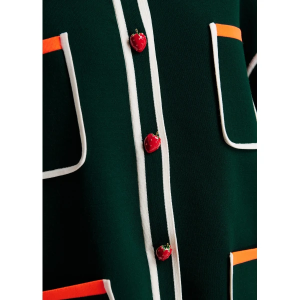 Essentiel Antwerp Dark green, white and orange fine knit cardigan with lace-trimmed collar and strawberry-shaped buttons, view 6