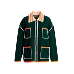 Essentiel Antwerp Dark green, white and orange fine knit cardigan with lace-trimmed collar and strawberry-shaped buttons