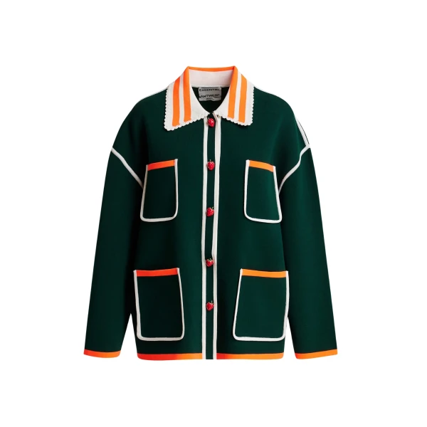 Essentiel Antwerp Dark green, white and orange fine knit cardigan with lace-trimmed collar and strawberry-shaped buttons