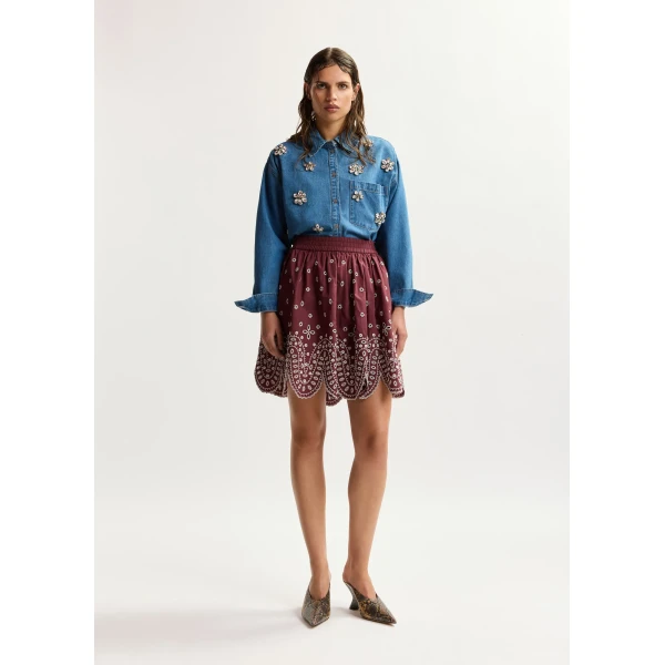 Essentiel Antwerp Dark red and white embroidered cotton skirt with scalloped hemline, view 2