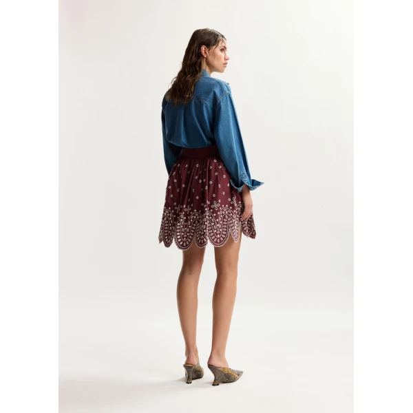 Essentiel Antwerp Dark red and white embroidered cotton skirt with scalloped hemline, view 5