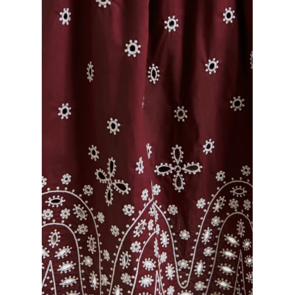 Essentiel Antwerp Dark red and white embroidered cotton skirt with scalloped hemline, view 6