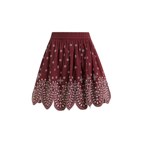 Essentiel Antwerp Dark red and white embroidered cotton skirt with scalloped hemline