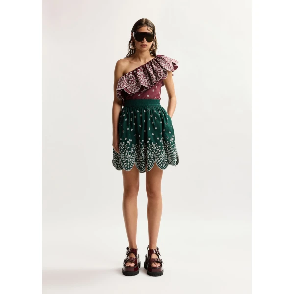 Essentiel Antwerp Dark red and white embroidered one-shoulder cotton top with ruffle detailing, view 3