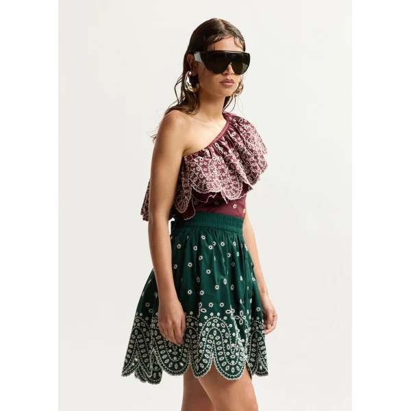 Essentiel Antwerp Dark red and white embroidered one-shoulder cotton top with ruffle detailing, view 4