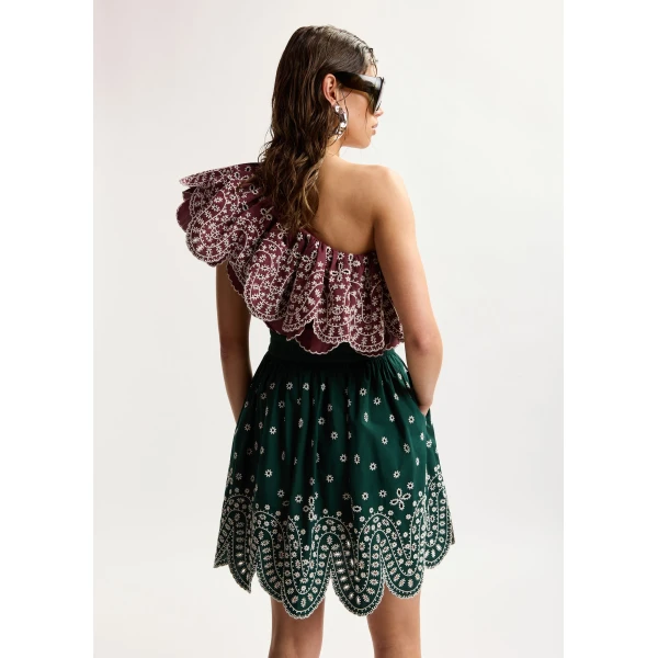 Essentiel Antwerp Dark red and white embroidered one-shoulder cotton top with ruffle detailing, view 5