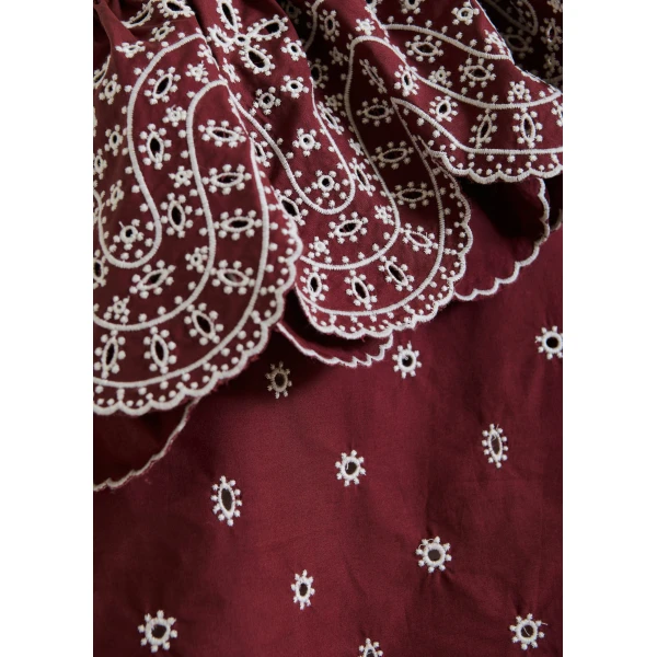 Essentiel Antwerp Dark red and white embroidered one-shoulder cotton top with ruffle detailing, view 6