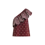 Essentiel Antwerp Dark red and white embroidered one-shoulder cotton top with ruffle detailing