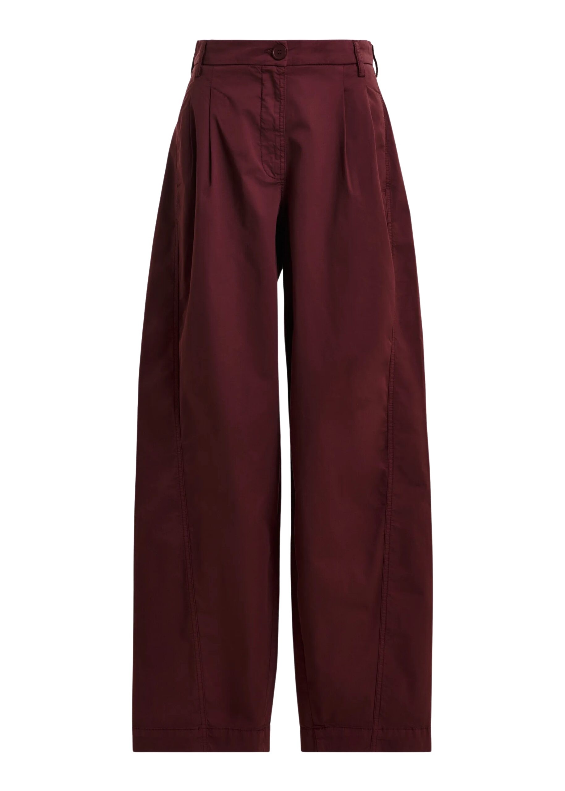 Dark red tapered cotton pants with twisted seams