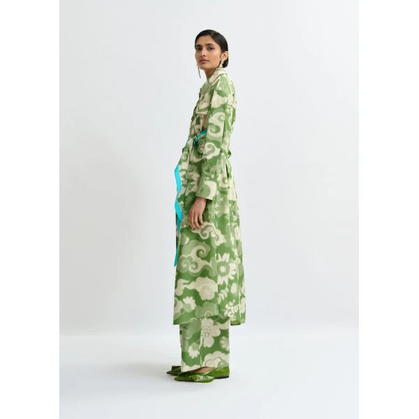 Essentiel Antwerp Green and cream cotton-blend floral-print shirt dress, view 3