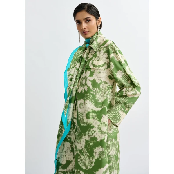 Essentiel Antwerp Green and cream cotton-blend floral-print shirt dress, view 4