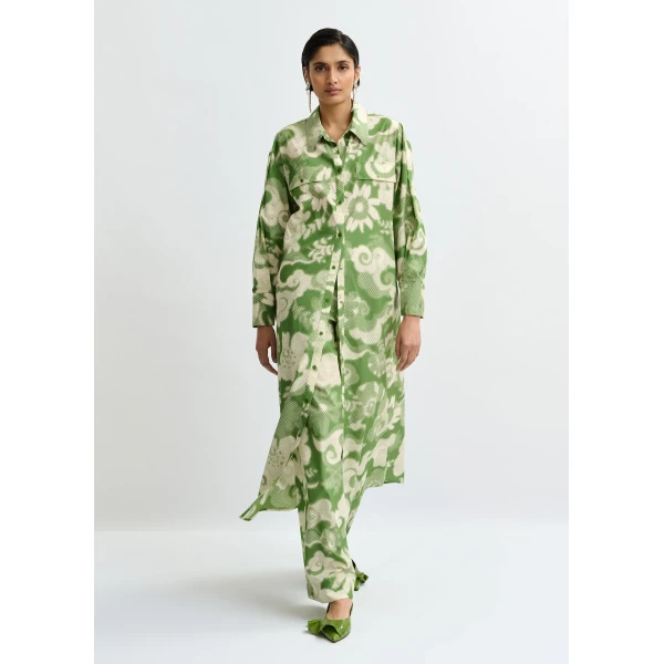 Essentiel Antwerp Green and cream cotton-blend floral-print shirt dress, view 6