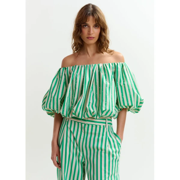 Essentiel Antwerp Green and cream gathered bodysuit with puffed sleeves, view 3
