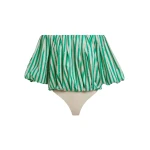 Essentiel Antwerp Green and cream gathered bodysuit with puffed sleeves