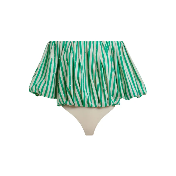 Essentiel Antwerp Green and cream gathered bodysuit with puffed sleeves