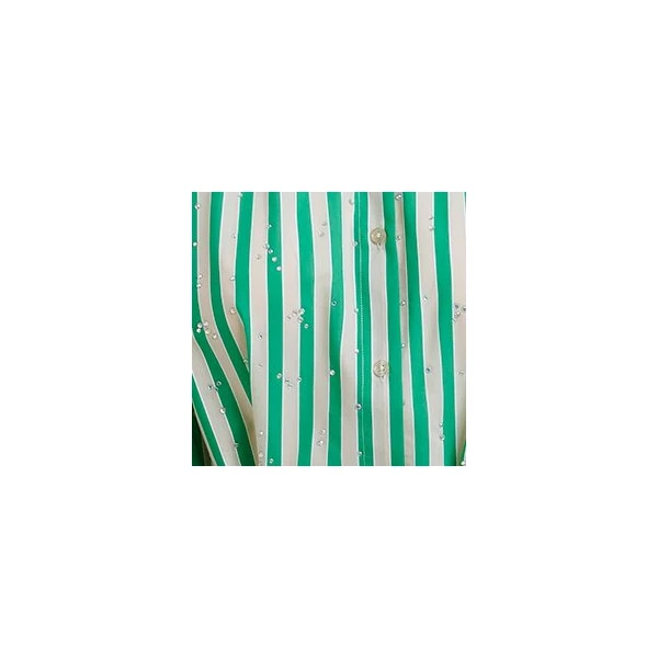 Essentiel Antwerp Green and cream striped midi-length dress with mandarin collar and rhinestone embellishments, view 2