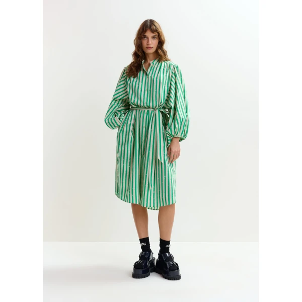 Essentiel Antwerp Green and cream striped midi-length dress with mandarin collar and rhinestone embellishments, view 3