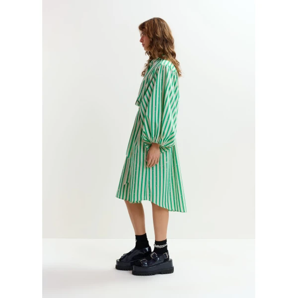 Essentiel Antwerp Green and cream striped midi-length dress with mandarin collar and rhinestone embellishments, view 4