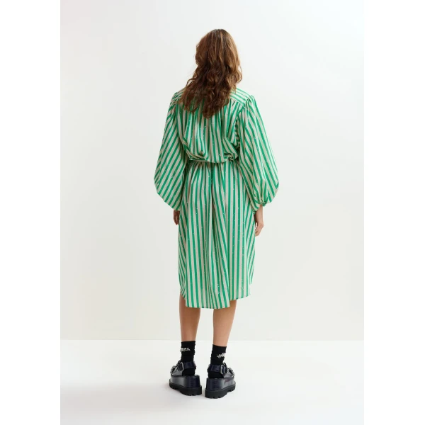 Essentiel Antwerp Green and cream striped midi-length dress with mandarin collar and rhinestone embellishments, view 5