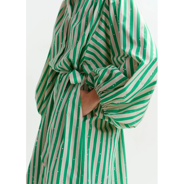 Essentiel Antwerp Green and cream striped midi-length dress with mandarin collar and rhinestone embellishments, view 6
