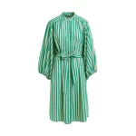 Essentiel Antwerp Green and cream striped midi-length dress with mandarin collar and rhinestone embellishments