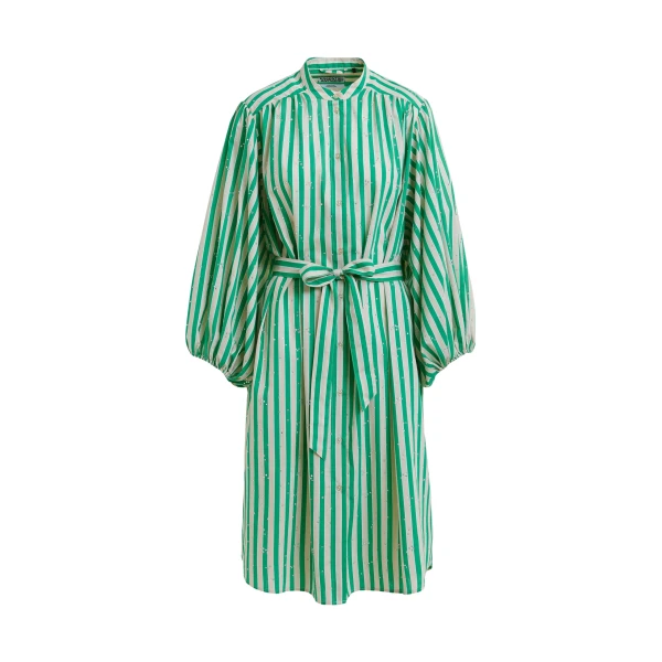 Essentiel Antwerp Green and cream striped midi-length dress with mandarin collar and rhinestone embellishments