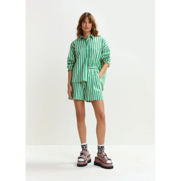Essentiel Antwerp Green and cream striped shorts with rhinestone embellishments, view 3