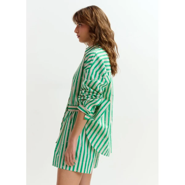 Essentiel Antwerp Green and cream striped shorts with rhinestone embellishments, view 5