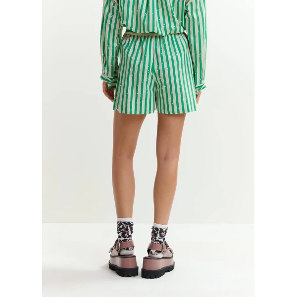 Essentiel Antwerp Green and cream striped shorts with rhinestone embellishments, view 6
