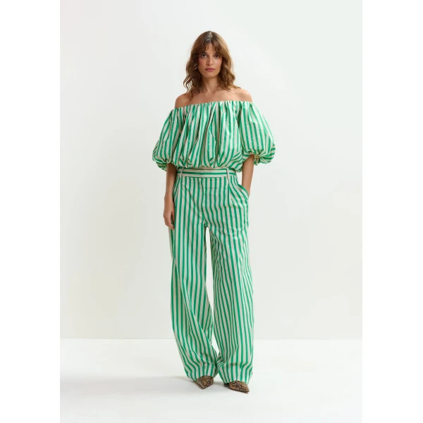 Essentiel Antwerp Green and cream striped tapered-leg pants, view 3