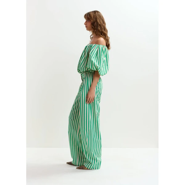 Essentiel Antwerp Green and cream striped tapered-leg pants, view 5