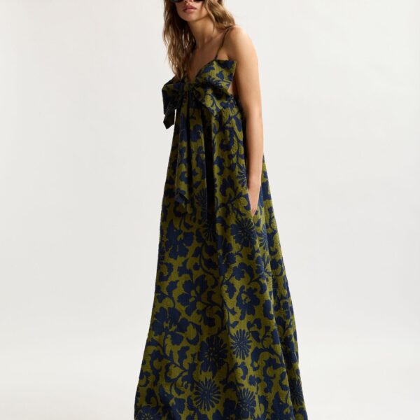 Essentiel Antwerp Green and dark blue floral print babydoll midi dress with bow detail, view 2