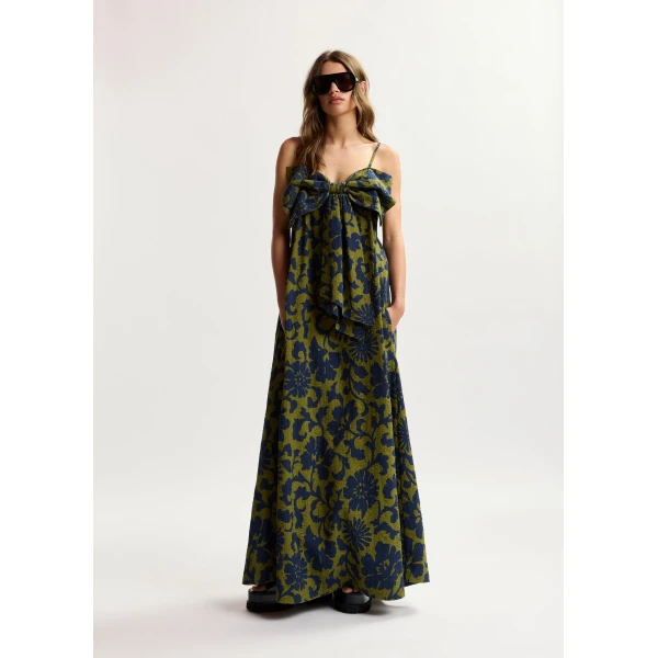 Essentiel Antwerp Green and dark blue floral print babydoll midi dress with bow detail, view 3