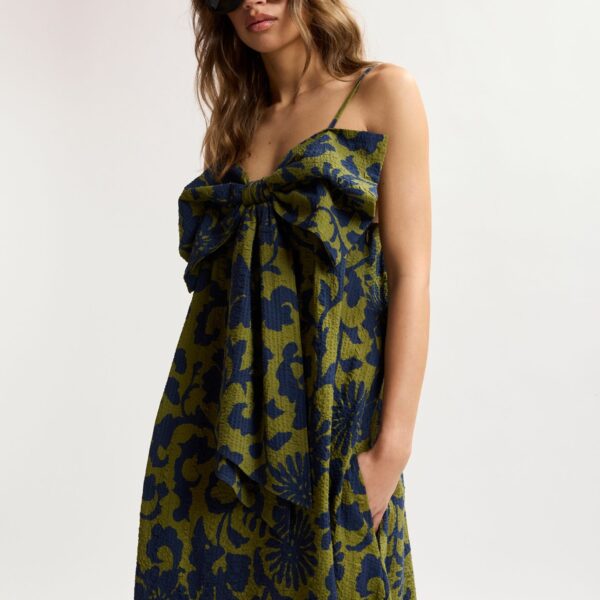 Essentiel Antwerp Green and dark blue floral print babydoll midi dress with bow detail, view 4