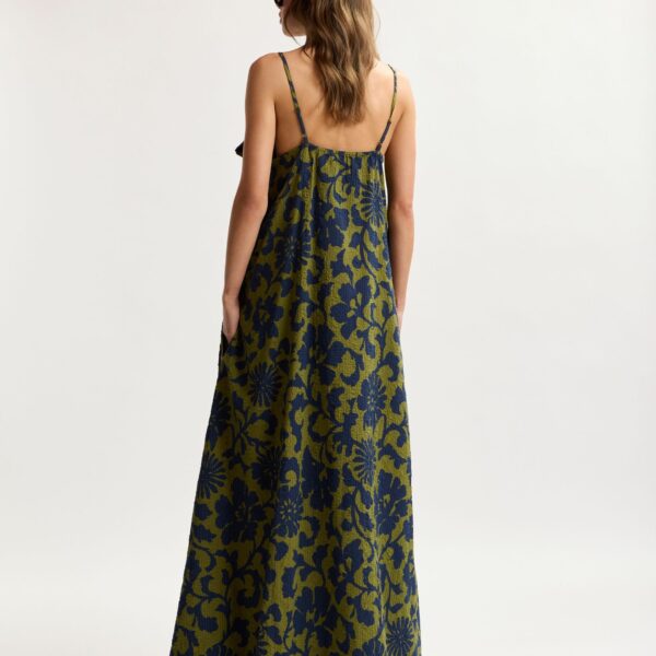 Essentiel Antwerp Green and dark blue floral print babydoll midi dress with bow detail, view 5